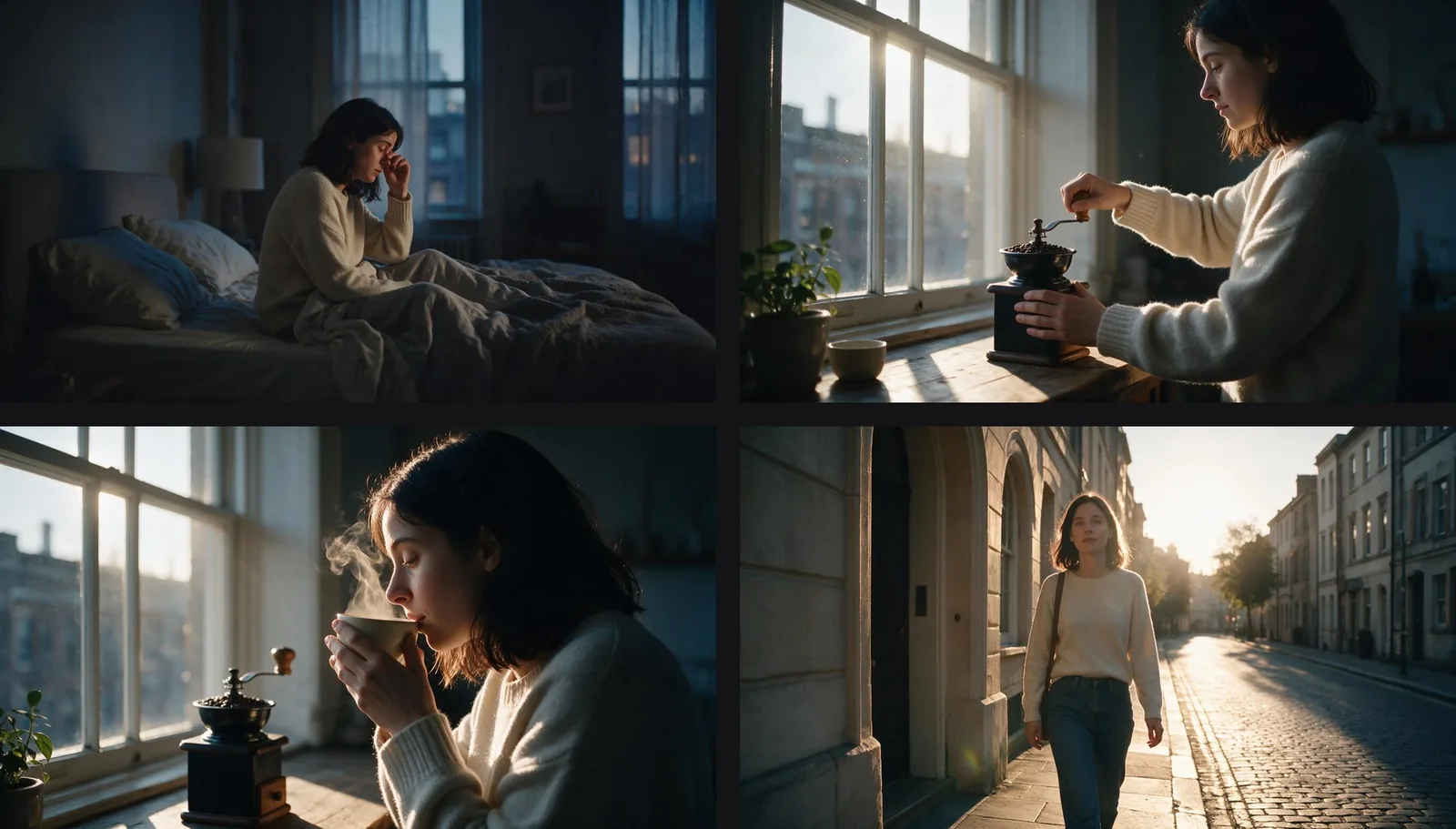 Four storyboard frames generated in one run: the same woman, same cream knit sweater, same colour grade, from pre-dawn blue through to golden-hour street.