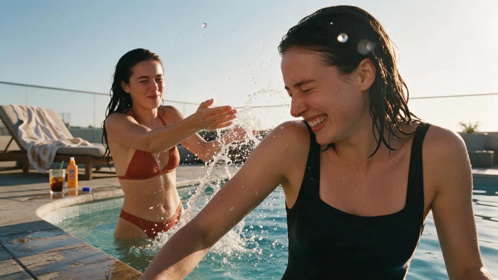 Two friends mid-splash at a rooftop pool at golden hour, shot on a 35mm film look with Seedream 5.0 Pro