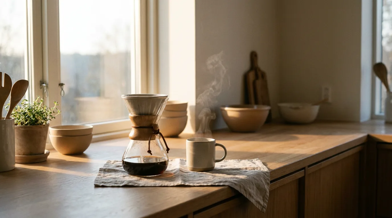 A serene 5AM slow-morning scene — a single pour-over coffee steaming by a sunlit window at dawn — generated from an idea with Make it real