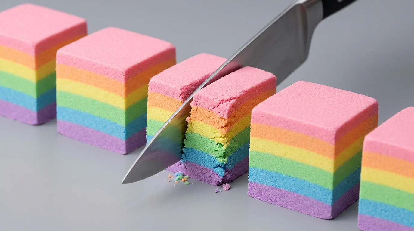 A satisfying macro of pastel rainbow kinetic-sand cubes mid-slice, clean crumbling layers — an idea turned into a creation