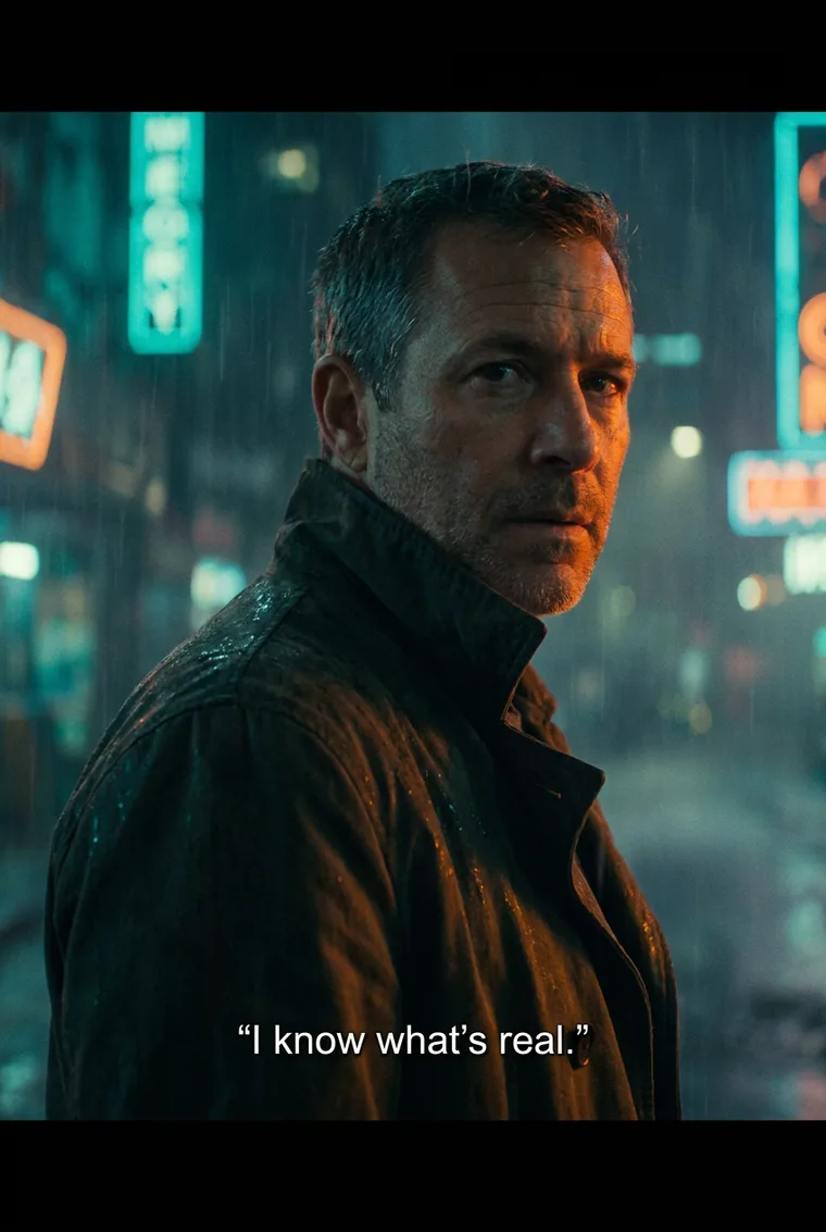 A cinematic movie still with the film title and a quote rendered as designed movie-poster typography on the frame