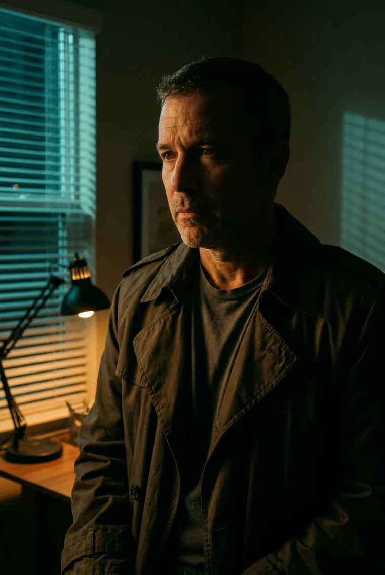 The same person restyled as a moody neo-noir film still, still recognizably the same face
