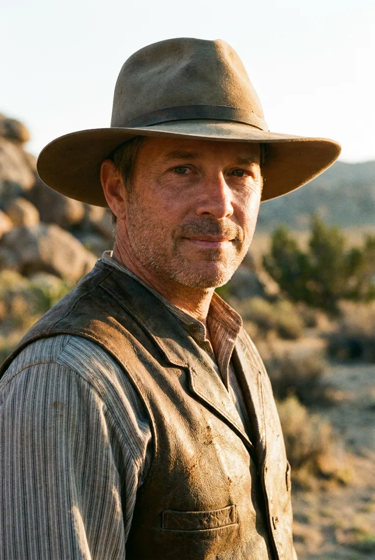 The same person restyled as the lead of a golden-hour western, identity preserved