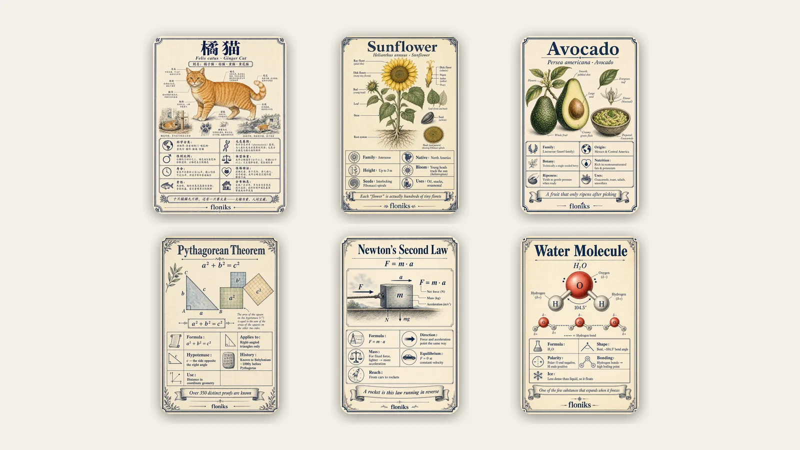 A grid of AI-generated encyclopedia field-guide cards across animals, plants, food and science
