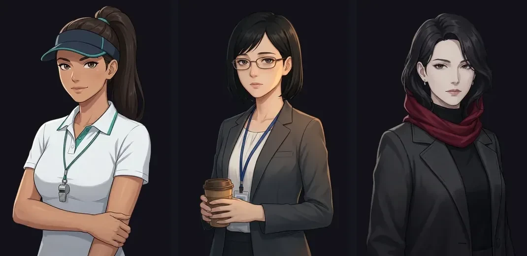The three witnesses in their calm expressions: the same pipeline guarantees character consistency — a base image locks each face, image-to-image derives the expressions